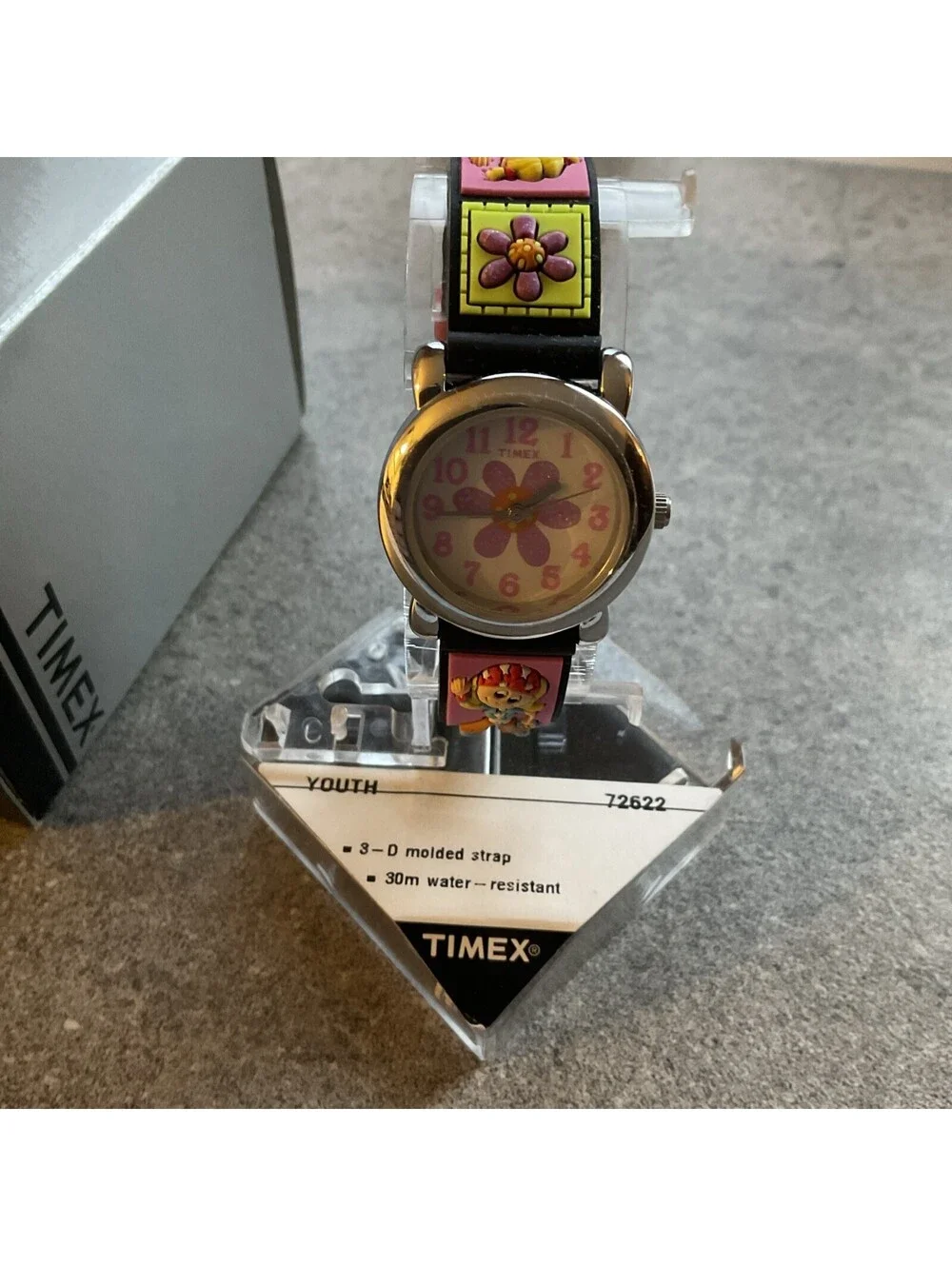 Timex Kids Watch T72622 Round Flower Pink Purple Dial Silvertone 3D Poly Band A1
